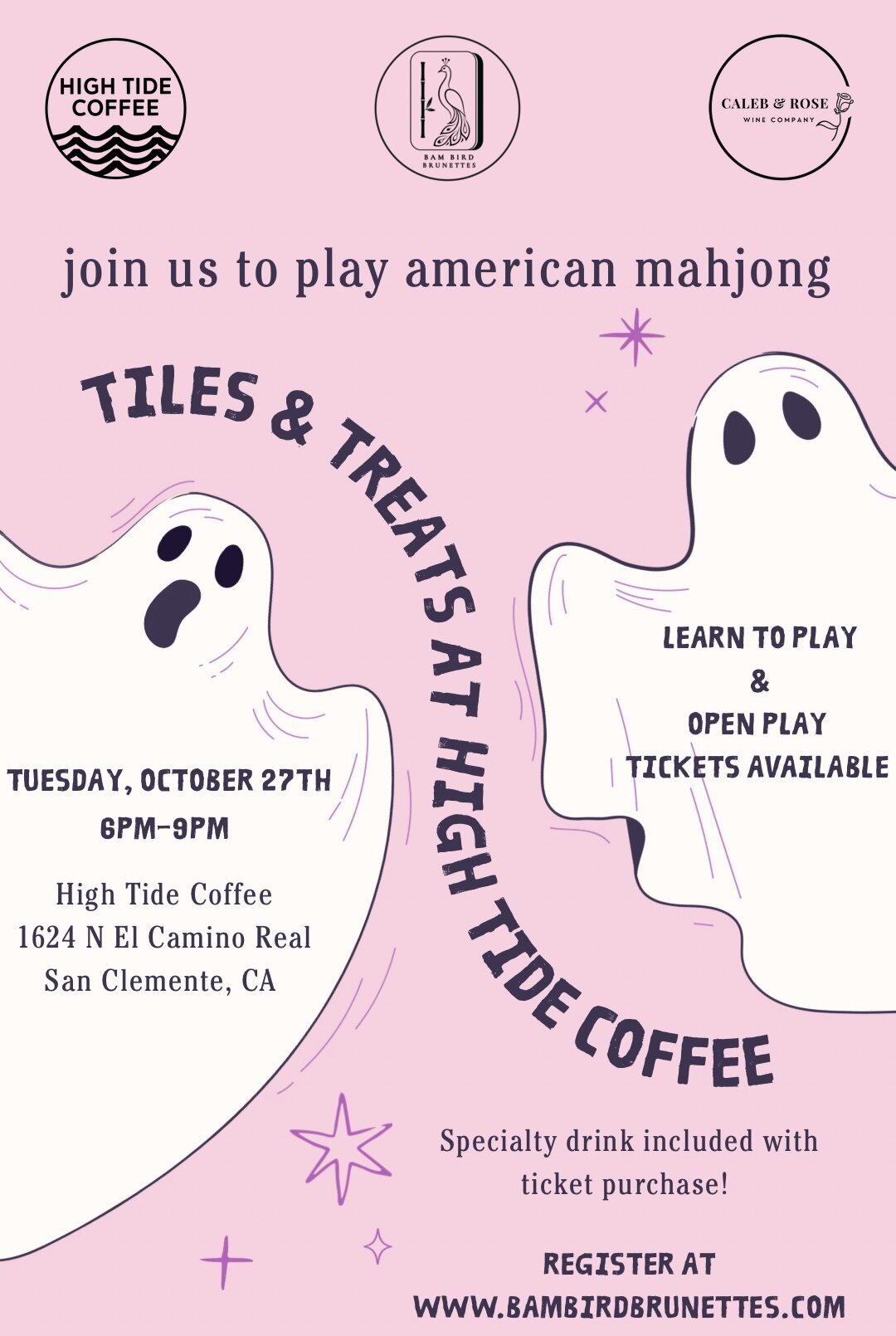 Tiles and Treats at High Tide Coffee, with Caleb and Rose Wine Company: join us to play American mahjong. Tuesday, October 27th, 6 to 9 PM. Learn to Play and Open Play tickets available. Specialty drink included with ticket purchase.